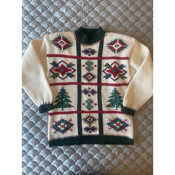 Karen Scott Petites Christmas Sweater With Hand Knit Embroidery And Sequins - Picture 1 of 6